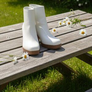 Women's White Ankle Boots with Brown Heel